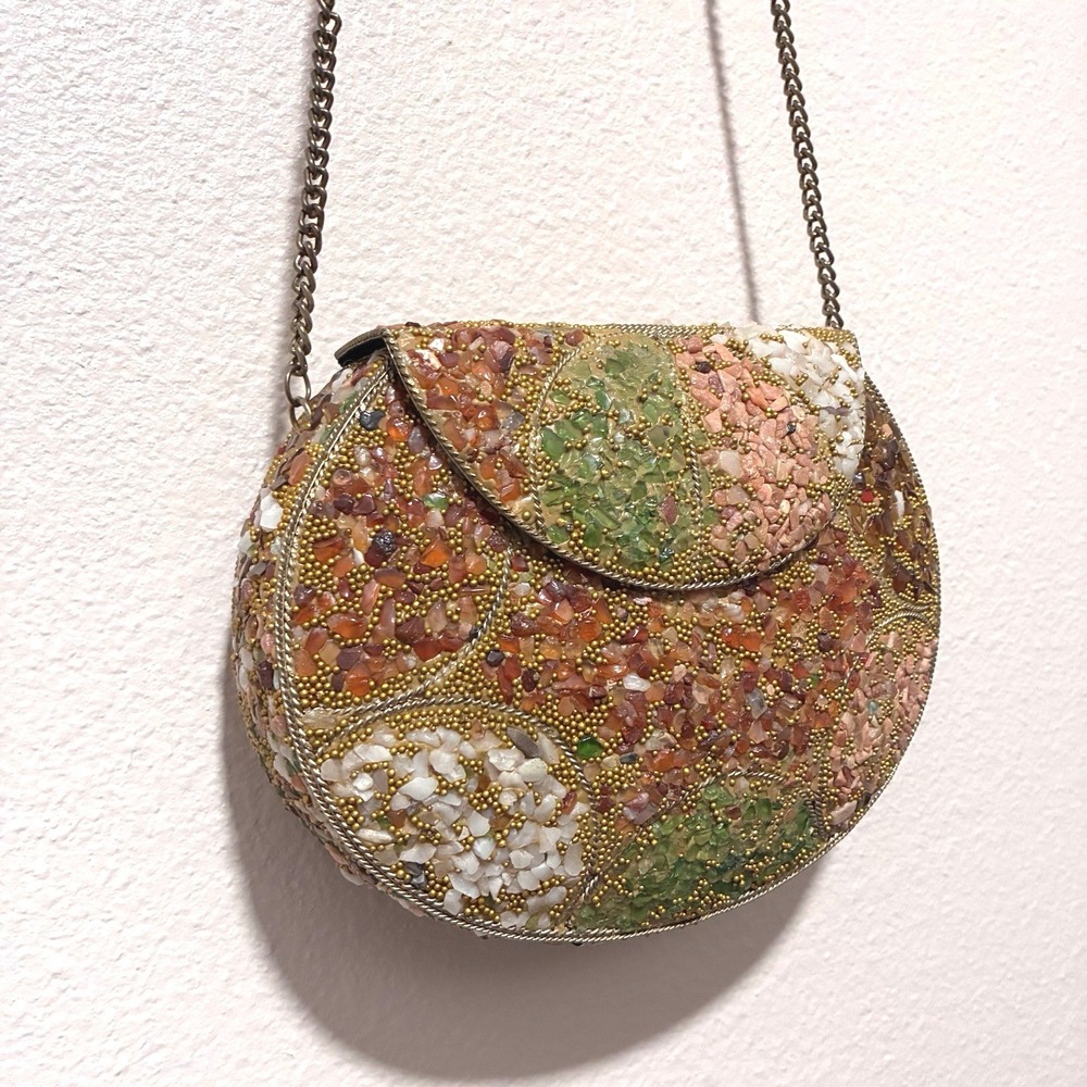 Artisan Beaded Embellished Purse Chain Strap Green Pink Orange Unique Small